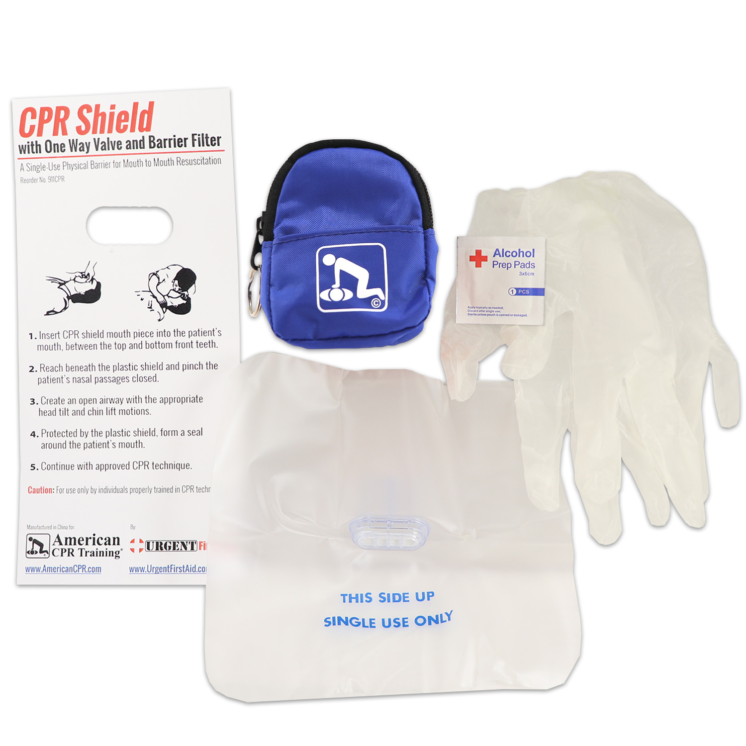 CPR Blue Beltloop Keychain Backpack with Faceshield, Gloves, and Cleansing Wipes - Image 5